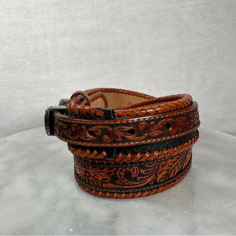 Brown Leather belt western‎ black tooled stitching Silver Buckle cowboy cowgirl